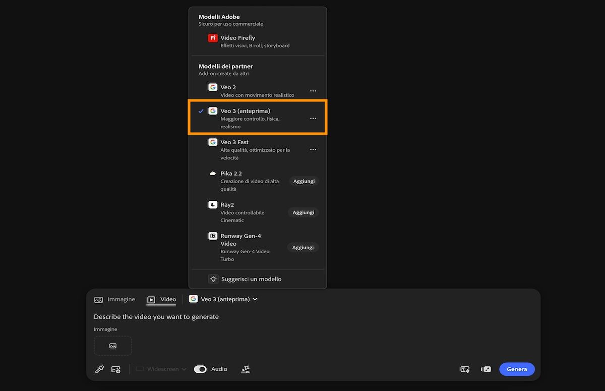 L'opzione Video è selezionata nella barra dei prompt e dall'elenco dei modelli Adobe e non Adobe, è selezionato Veo 3.