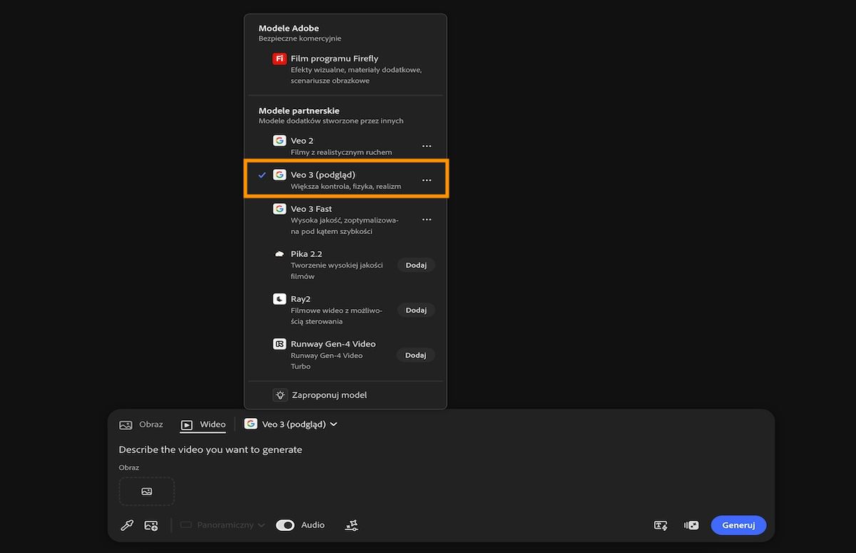 W pasku poleceń wybrana jest opcja Wideo, a z listy modeli Adobe i innych firm wybrano Veo 3.