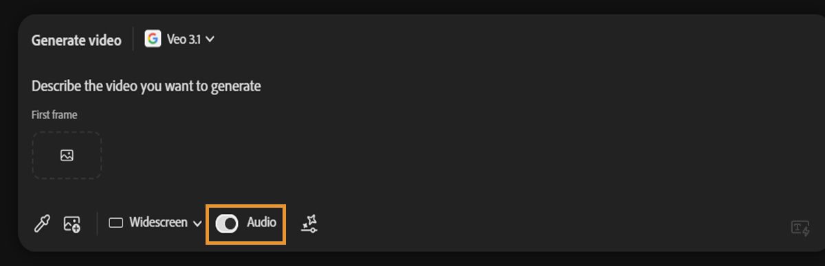 Das Veo 3-Modell ist für die Videogenerierung ausgewählt, und die Audio-Option ist in der Beschreibungs-Menüleiste aktiviert.