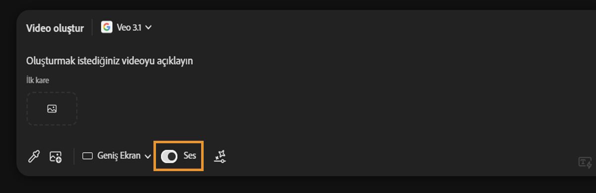 Video oluşturmak için Veo 3 modeli seçilidir ve istem çubuğunda Ses seçeneği etkinleştirilmiştir.