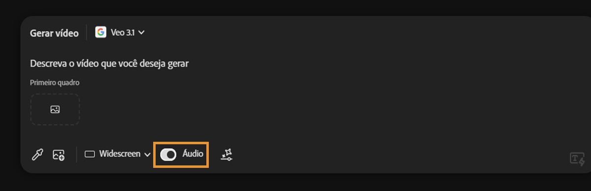 O modelo Veo 3 é selecionado para geração de vídeo e a opção áudio é ativada na barra de prompt.