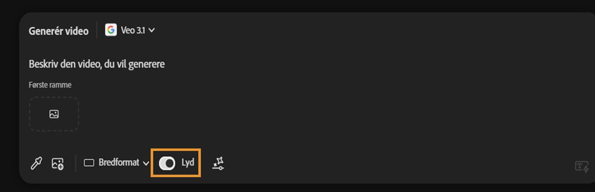 Veo 3-modellen er valgt til videogenerering, og lydindstillingen er aktiveret i promptlinjen.