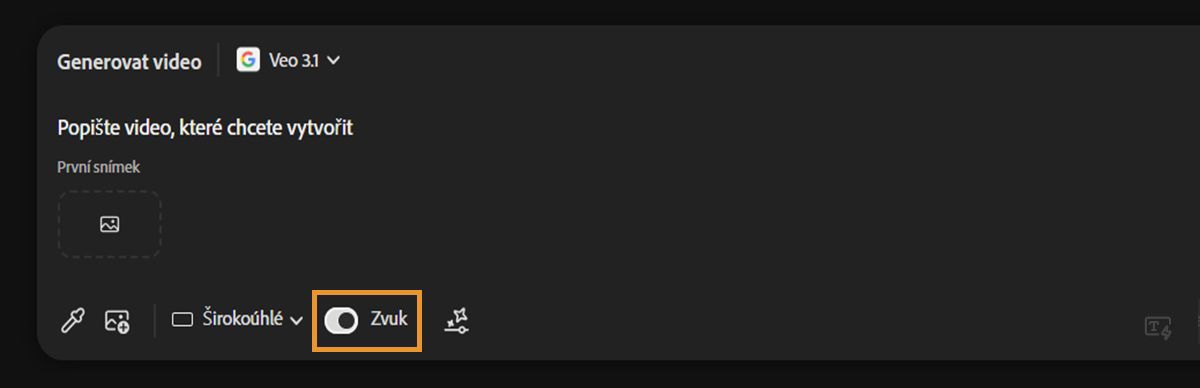 Pro generování videa je vybrán model Veo 3 a v panelu zadání je povolena možnost Zvuk.
