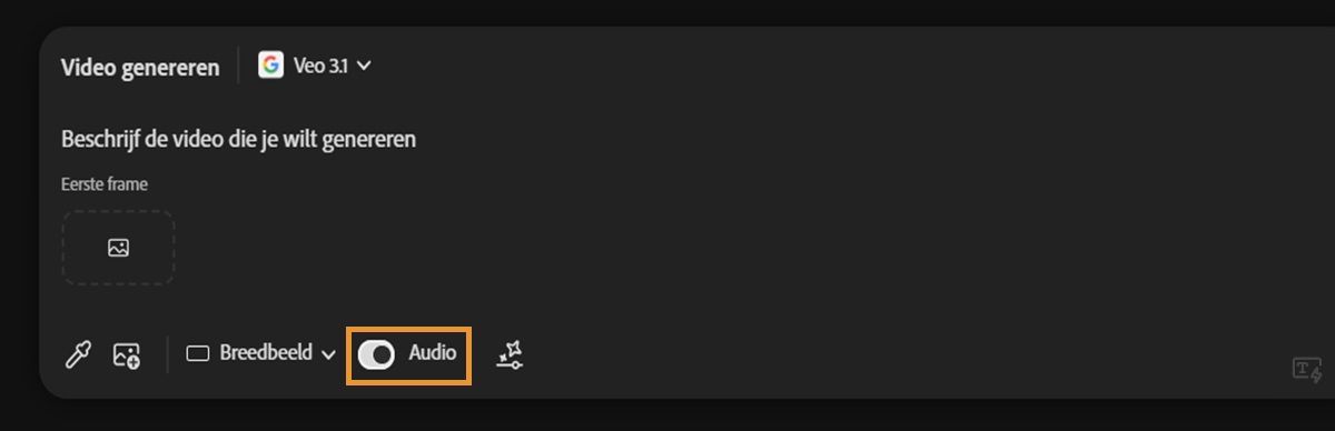 Het Veo 3-model wordt geselecteerd voor het genereren van de video en de optie Audio is ingeschakeld in de opdrachtbalk.