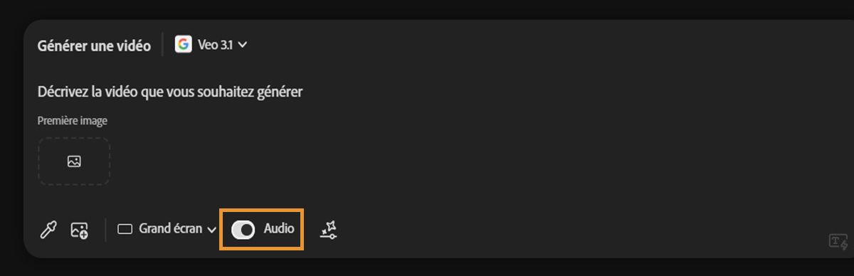 Le modèle Veo 3 est sélectionné pour la génération de vidéo et l’option Audio est activée dans la barre de prompt.