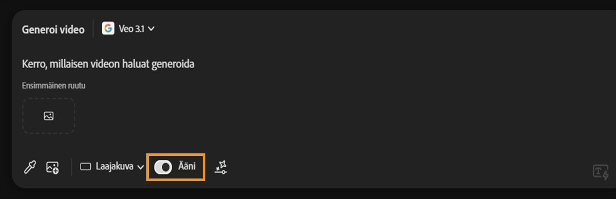 Veo 3 -malli on valittu videon generointia varten ja Ääni-vaihtoehto on käytössä kehotepalkissa.