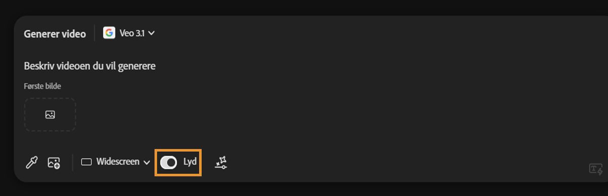 Veo 3-modellen er valgt for videogenerering, og Lyd-alternativet er aktivert i hjelpetekstfeltet.