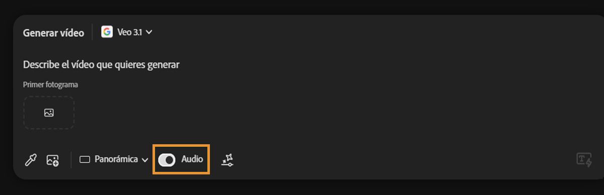 Se ha seleccionado el modelo Veo 3 para la generación de vídeo y la opción Audio está habilitada en la barra de indicaciones.