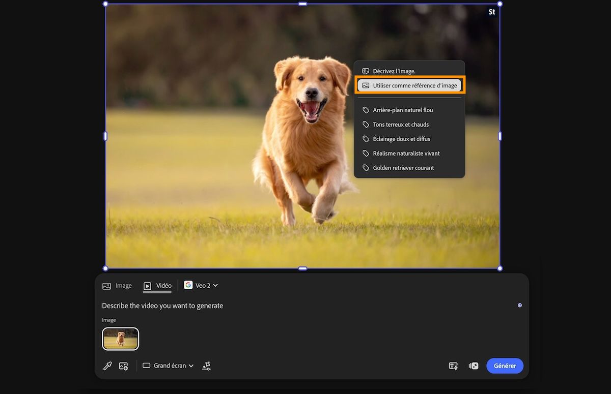 L’image ajoutée au canevas est choisie une fois l’option Créer un échantillon depuis la zone de travail sélectionnée. Le menu contextuel est ouvert et l’option Utiliser comme référence d’image est sélectionnée.