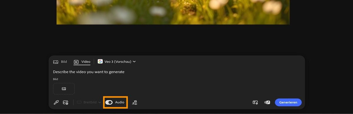 Das Veo 3-Modell ist für die Videogenerierung ausgewählt, und die Audio-Option ist in der Beschreibungs-Menüleiste aktiviert.