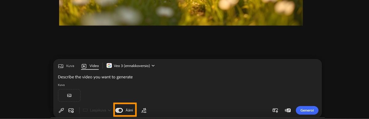 Veo 3 -malli on valittu videon generointia varten ja Ääni-vaihtoehto on käytössä kehotepalkissa.