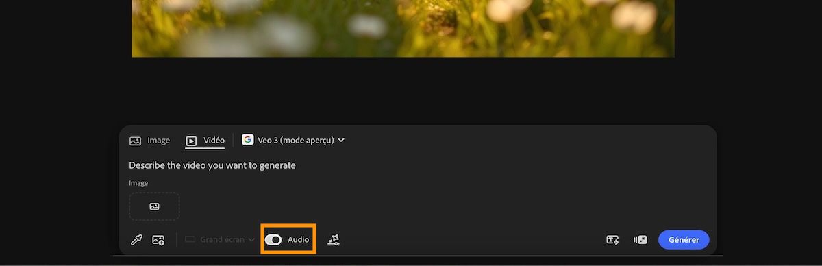 Le modèle Veo 3 est sélectionné pour la génération de la vidéo et l’option Audio est activée dans la barre de prompt.