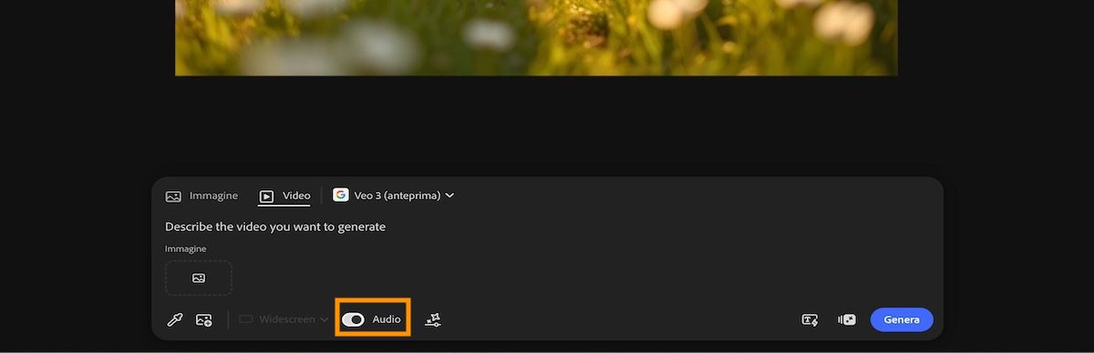 Il modello Veo 3 è selezionato per la generazione di video e l'opzione Audio è abilitata nella barra dei prompt.