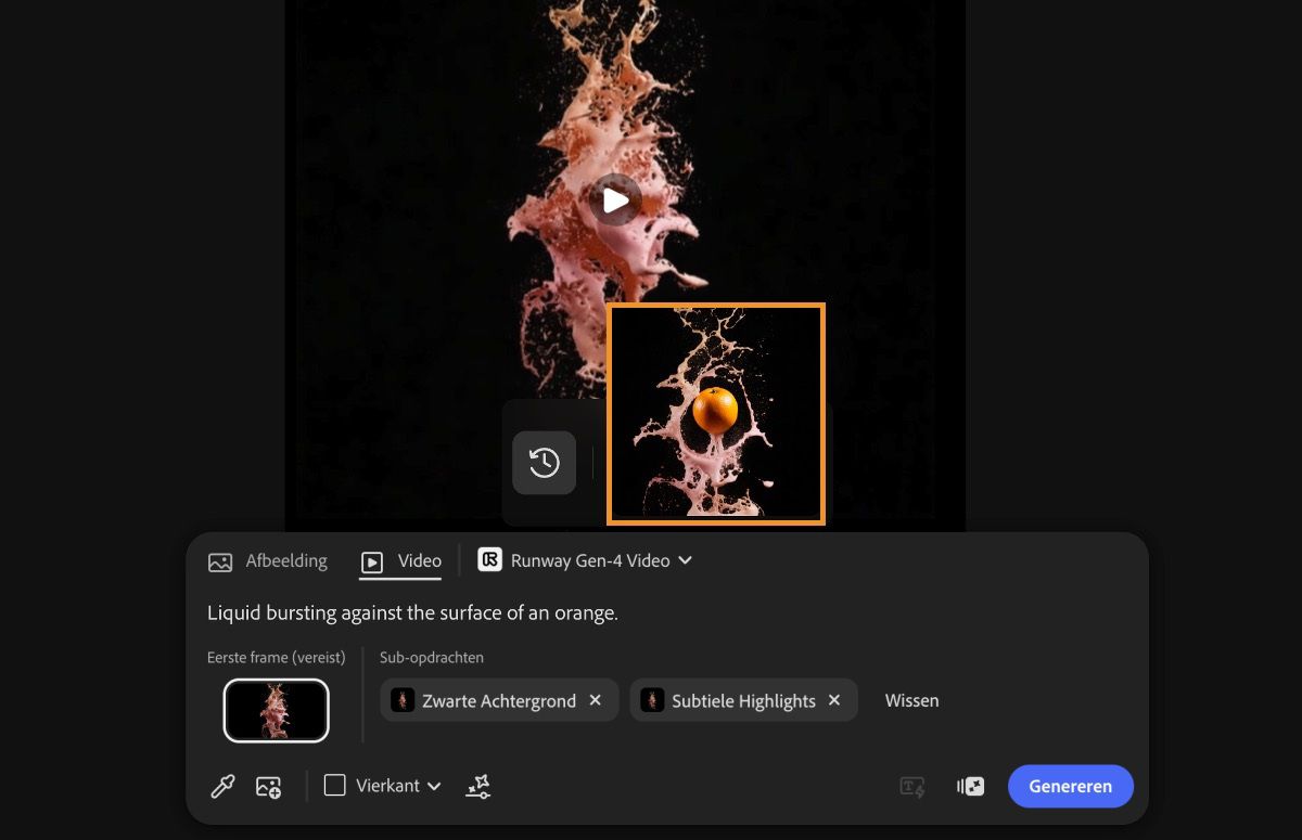 De gegenereerde video is gemarkeerd en is klaar om aan het canvas te worden toegevoegd.