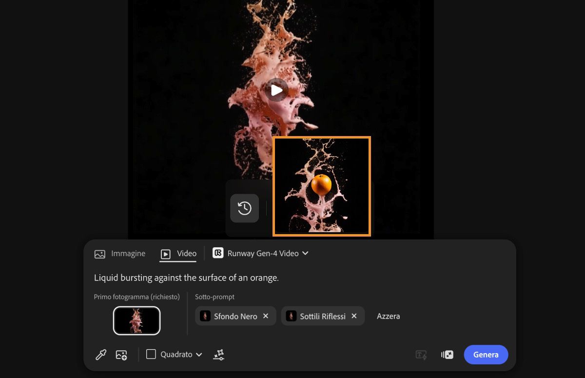 Il video generato è evidenziato ed è pronto per essere aggiunto all'area di lavoro.