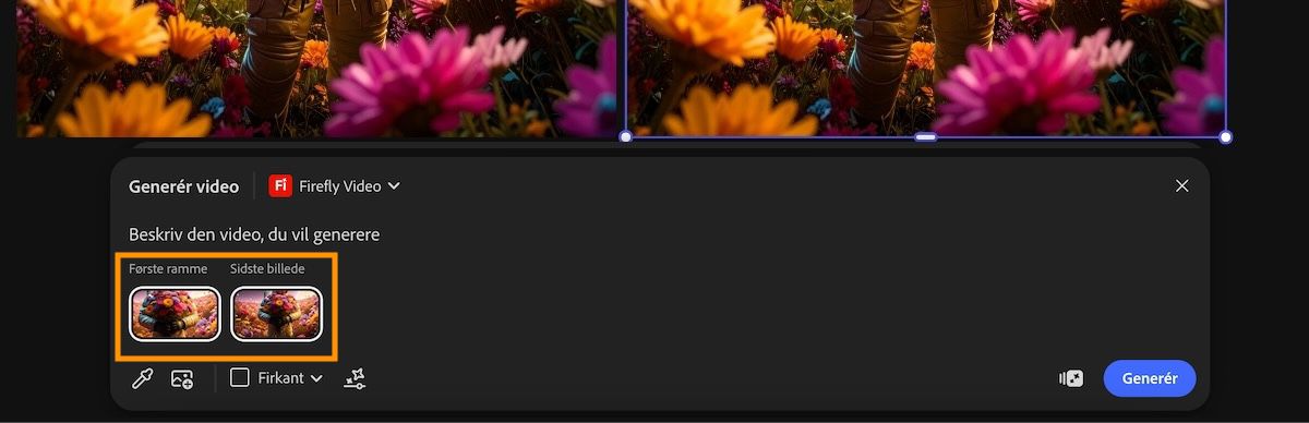 Pika 2.2 er valgt, og på promptlinjen er der mulighed for at tilføje første og sidste ramme til videogenerering.