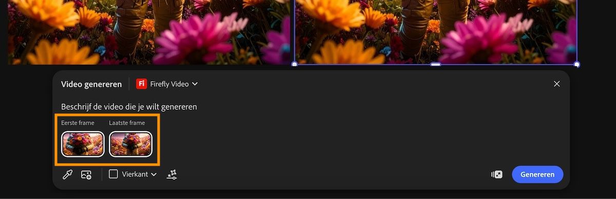Pika 2.2 is geselecteerd en de opdrachtbalk bevat opties om het eerste en laatste frame voor het genereren van de video toe te voegen.