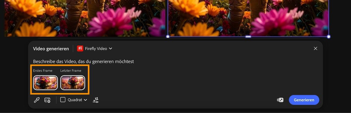Pika 2.2 ist ausgewählt, und in der Beschreibungsleiste gibt es Optionen, um den ersten und den letzten Frame für die Videogenerierung hinzuzufügen.