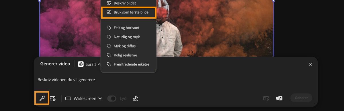 Bildet som brukes som første enkeltbilde, er synlig på lerretet. Et av bildene er markert, og fra kontekstmenyen er alternativet Bruk som siste enkeltbilde valgt.