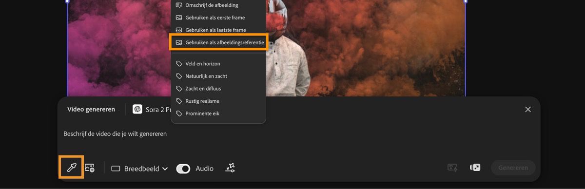 De afbeelding die voor het eerste frame wordt gebruikt, is zichtbaar op het canvas. Een van de afbeeldingen is geselecteerd en in het contextmenu is de optie Gebruiken als laatste frame geselecteerd.