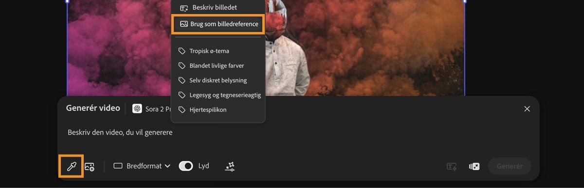 Det billede, der bruges som første billede, er synligt på lærredet. Et af billederne er valgt, og fra kontekstmenuen er indstillingen Brug som sidste ramme valgt.