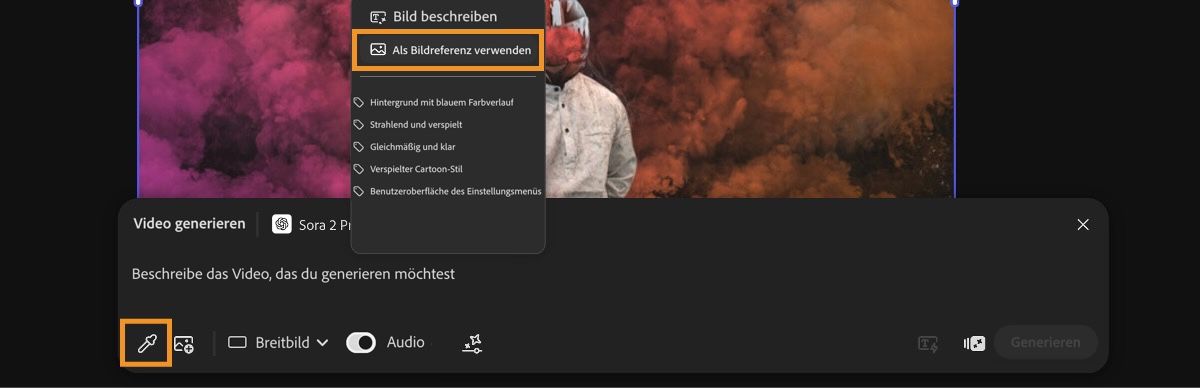 Das für den ersten Frame verwendete Bild ist auf der Arbeitsfläche sichtbar. Eines der Bilder ist ausgewählt, und im Kontextmenü ist die Option „Als letzten Frame verwenden“ ausgewählt.