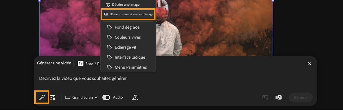 L’image utilisée pour le première image vidéo est visible dans la zone de travail. Une des images est sélectionnée et dans le menu contextuel, l’option Utiliser comme dernière image est sélectionnée.