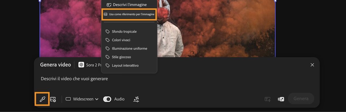 L'immagine utilizzata per il primo fotogramma è visibile nell'area di lavoro. È selezionata una delle immagini e nel menu di scelta rapida è evidenziata l'opzione Usa come ultimo fotogramma.