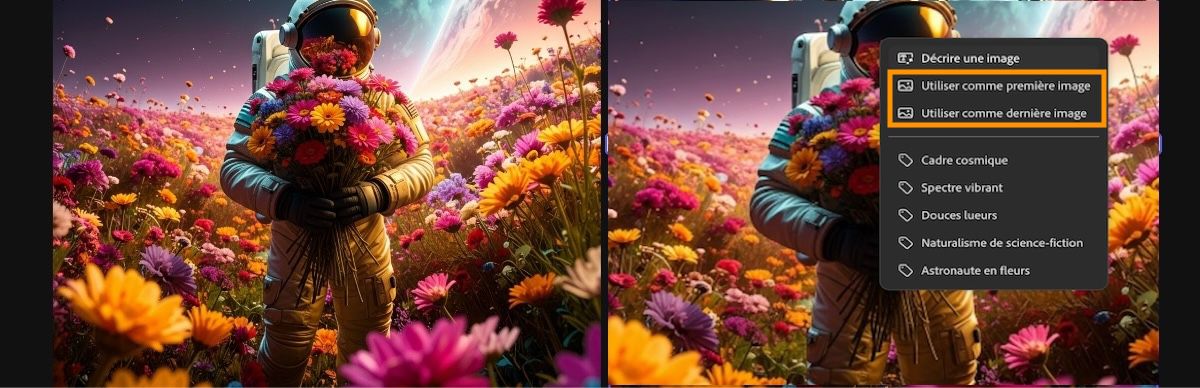 L’image utilisée pour la première image vidéo est visible dans la zone de travail. Une des images est sélectionnée et dans le menu contextuel, l’option Utiliser comme dernière image est sélectionnée.