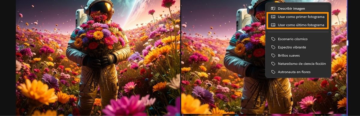 La imagen utilizada para el primer fotograma es visible en el lienzo Una de las imágenes está seleccionada y, desde el menú contextual, se selecciona la opción Usar como último fotograma.