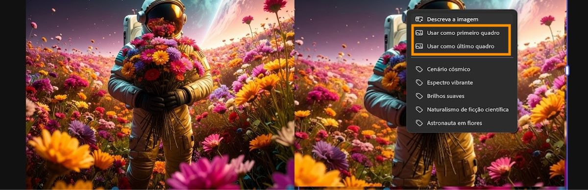 A imagem usada para o primeiro quadro está visível na tela. Uma das imagens é selecionada e, no menu de contexto, a opção Usar como último quadro é selecionada.