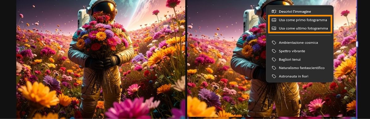 L'immagine utilizzata per il primo fotogramma è visibile nell'area di lavoro. È selezionata una delle immagini e nel menu di scelta rapida è evidenziata l'opzione Usa come ultimo fotogramma.