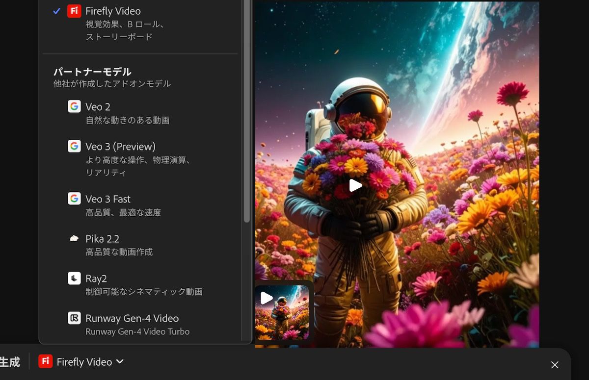 画像および動画生成用のアドビおよびパートナーモデルのリストを示すパネル。