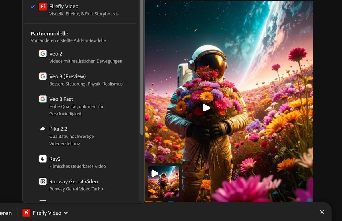 Ein Bedienfeld, in dem eine Liste der Adobe- und Partnermodelle für Bild- und Videogenerationen angezeigt wird.