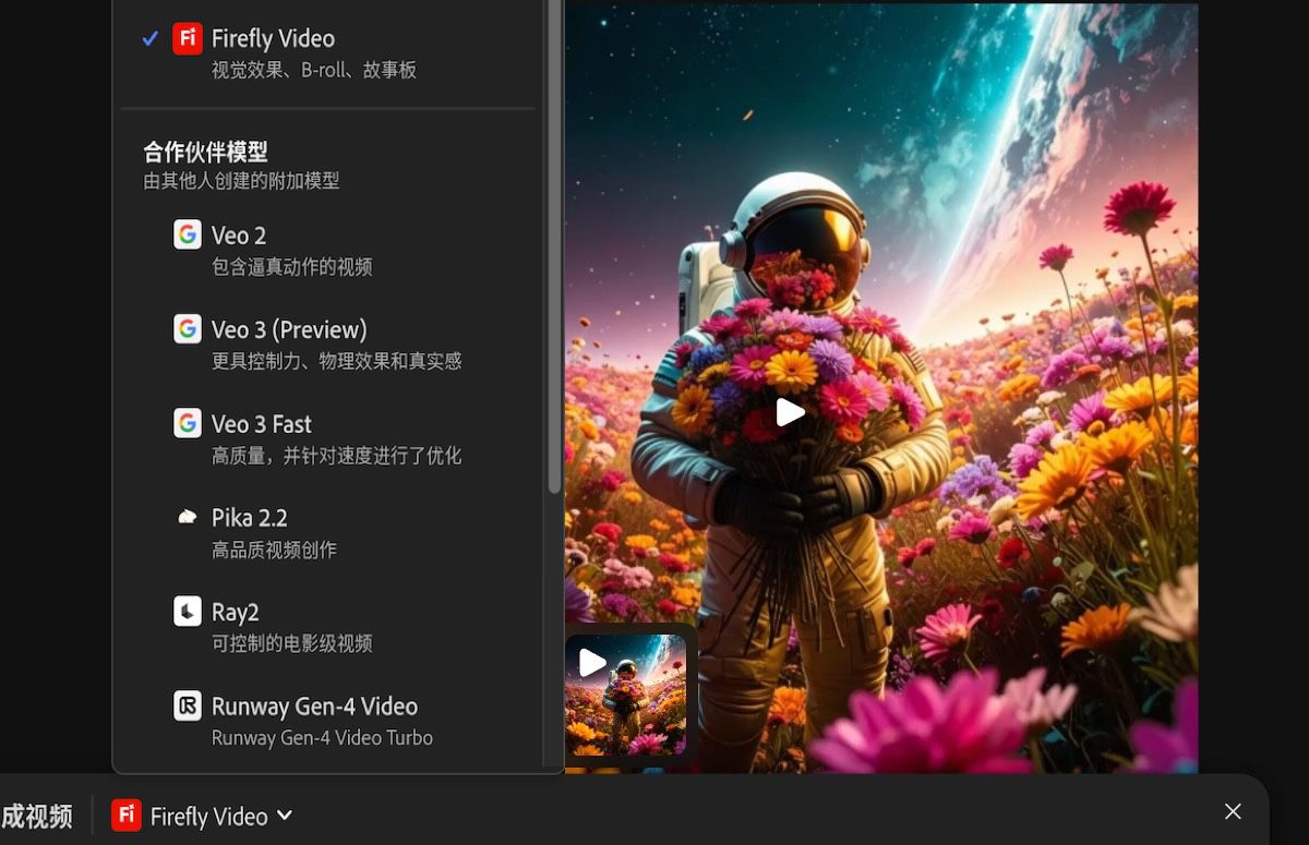 此面板显示了用于图像生成和视频生成的 Adobe 模型和合作伙伴模型的列表。