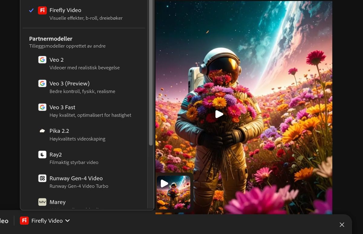 Et panel som viser en liste over Adobe- og partnermodeller for bilde- og videogenereringer.