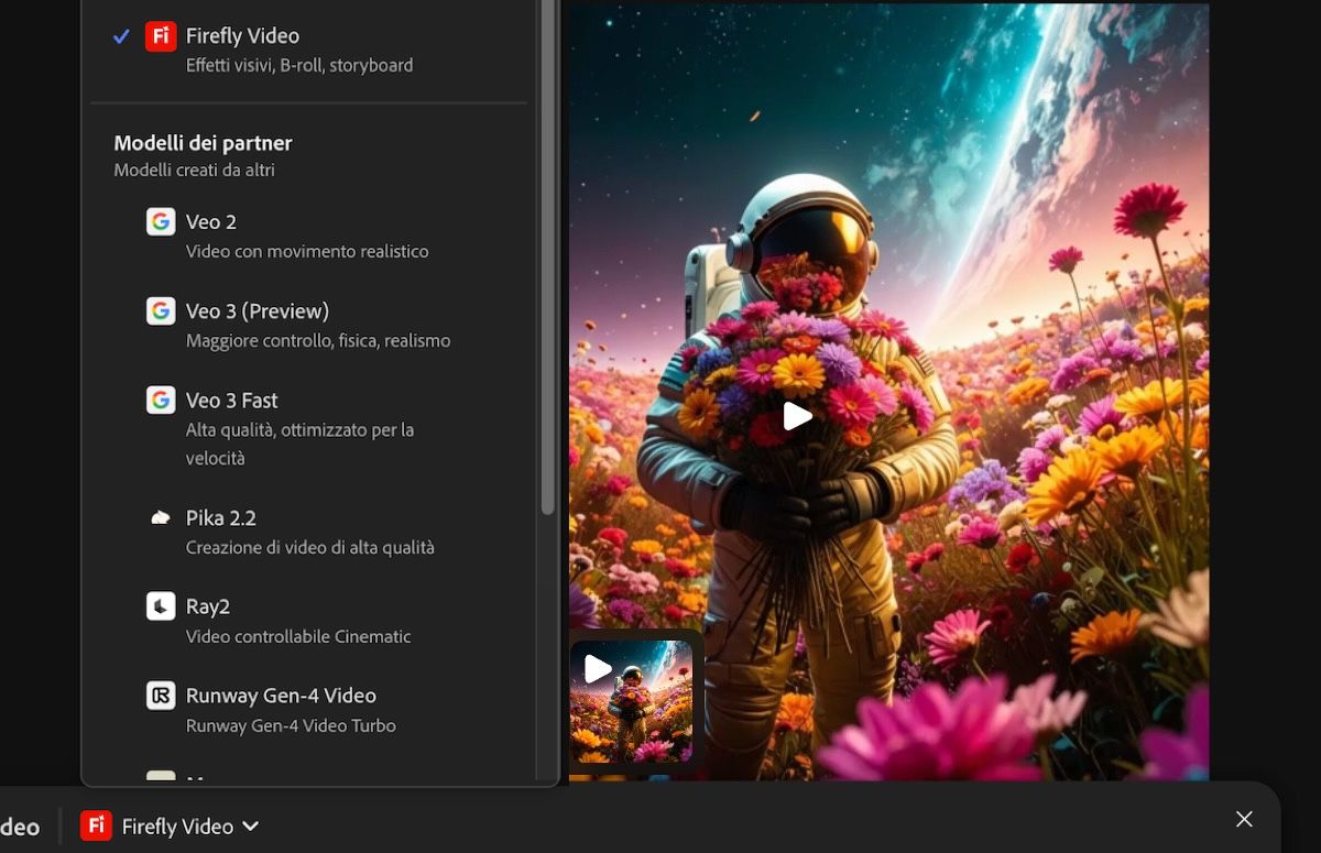 Un pannello che mostra un elenco di modelli di Adobe e partner per le generazioni di immagini e video.