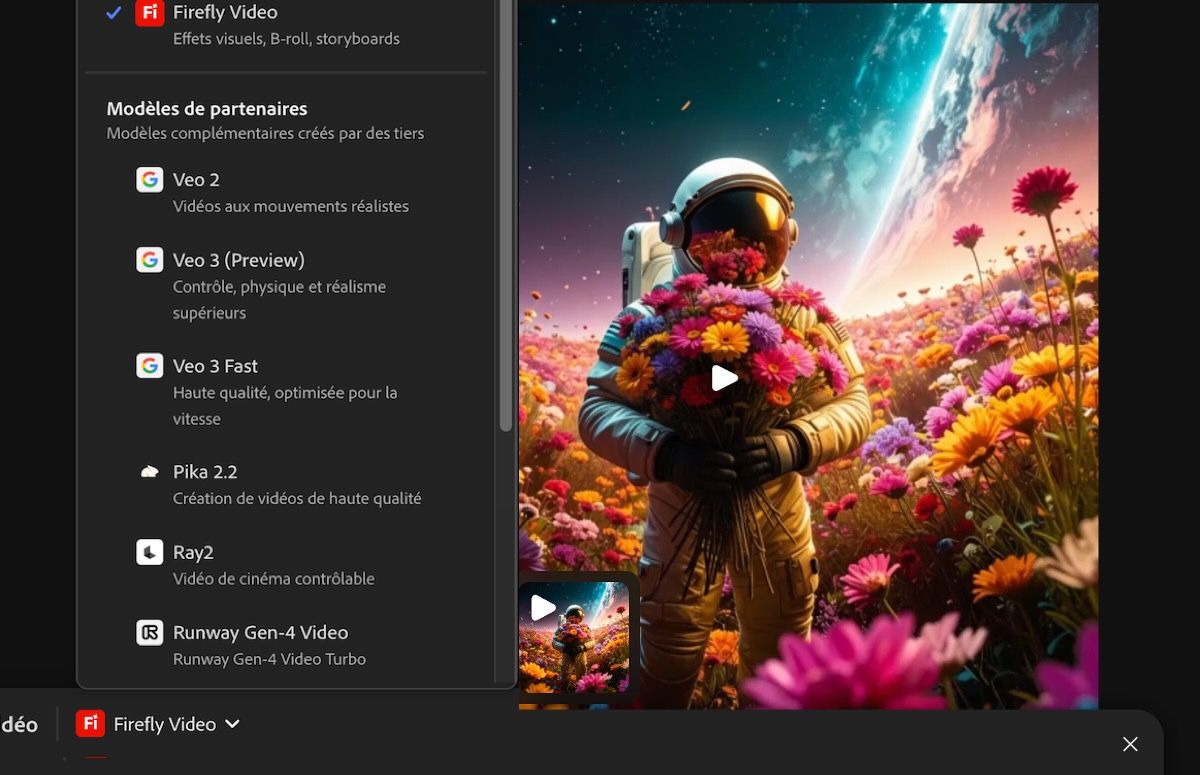 Panneau présentant une liste de modèles Adobe et partenaires pour la génération d’images et de vidéos.