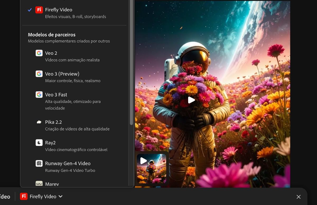 Um painel que mostra uma lista de modelos da Adobe e de parceiros para gerações de imagens e vídeos.