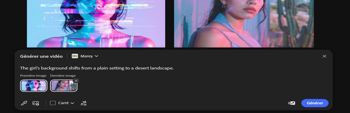 Le modèle Pika 2.2 est sélectionné et la barre de prompt comporte des options permettant d’ajouter les première et dernière images pour la génération vidéo.