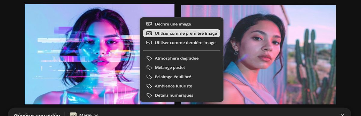L’image utilisée pour le première image vidéo est visible dans la zone de travail. Une des images est sélectionnée et dans le menu contextuel, l’option Utiliser comme dernière image est sélectionnée.