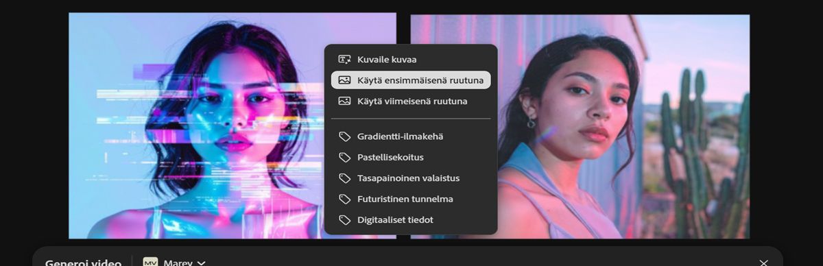 Ensimmäisenä kuvana käytetty kuva näkyy piirtoalueella. Yksi kuvista on valittuna, ja pikavalikosta on valittu Käytä viimeisenä ruutuna -vaihtoehto.