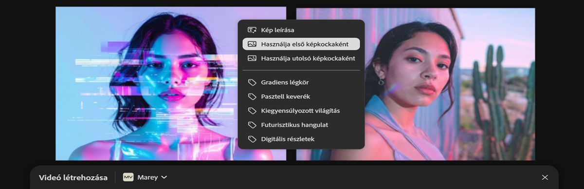Az első képkockához használt kép látható a vásznon. Az egyik kép kiválasztásra kerül, majd a helyi menüből kiválasztásra kerül a Használja utolsó képkockaként opció.