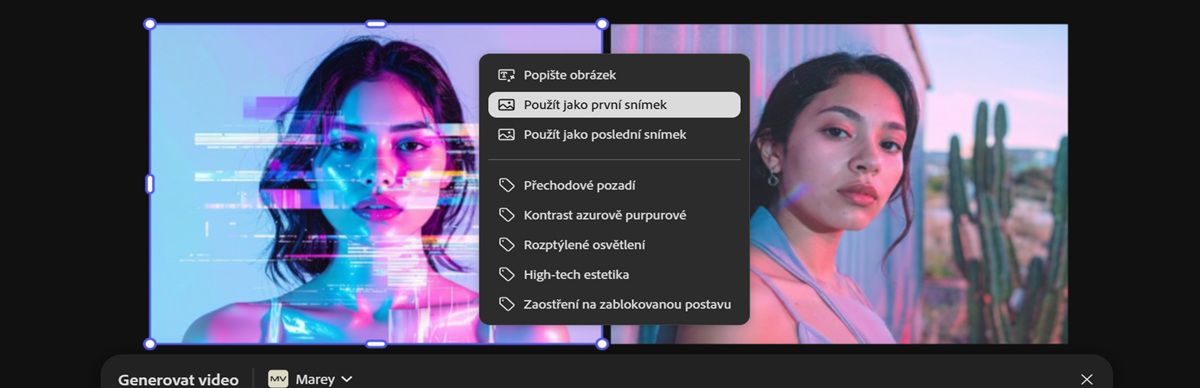 Obrázek použitý pro první snímek je viditelný na plátně. Jeden z obrázků je vybrán a z kontextové nabídky je zvolena možnost Použít jako poslední snímek.