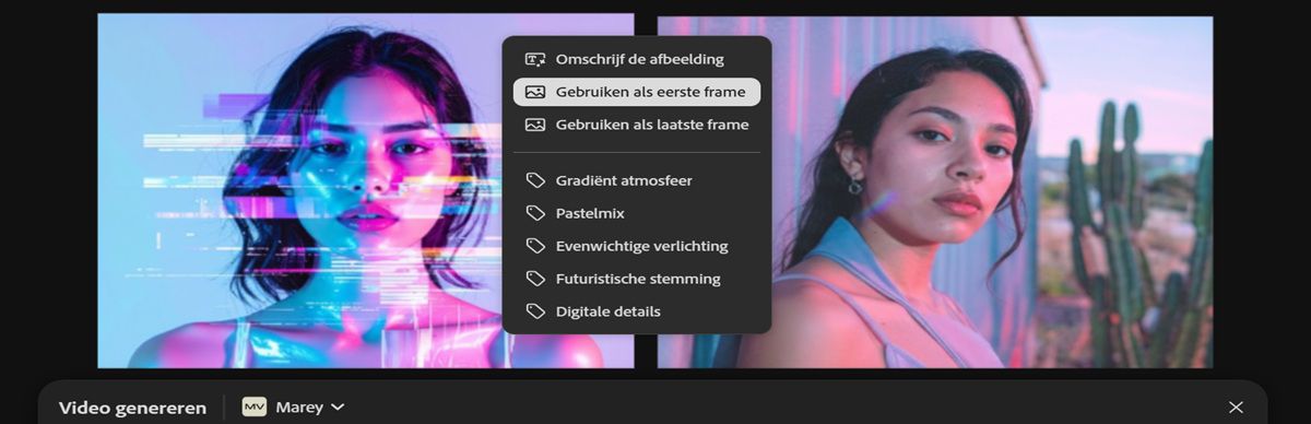 De afbeelding die voor het eerste frame wordt gebruikt, is zichtbaar op het canvas. Een van de afbeeldingen is geselecteerd en in het contextmenu is de optie Gebruiken als laatste frame geselecteerd.