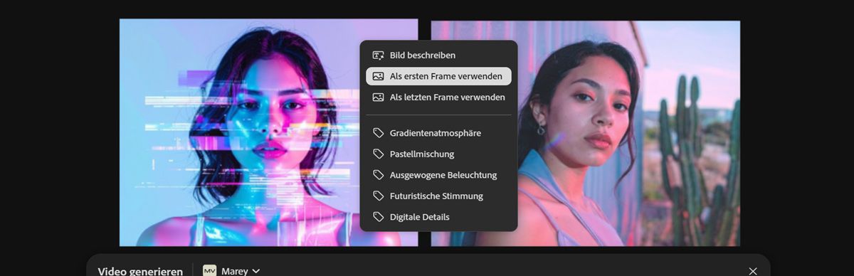 Das für den ersten Frame verwendete Bild ist auf der Arbeitsfläche sichtbar. Eines der Bilder ist ausgewählt, und im Kontextmenü ist die Option „Als letzten Frame verwenden“ ausgewählt.