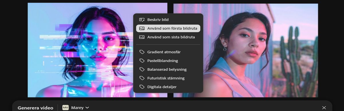Bilden som används för första bildrutan syns på arbetsytan. En av bilderna är vald och från kontextmenyn väljs alternativet Använd som sista bildruta.