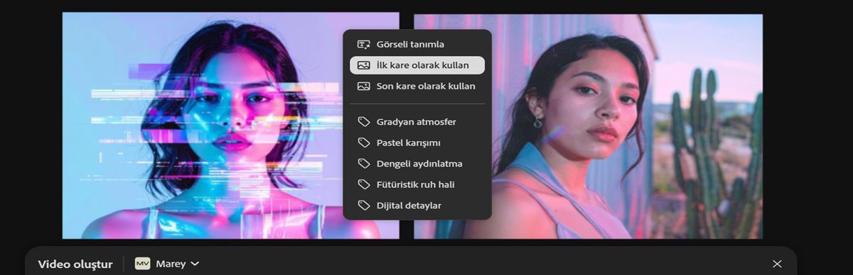 İlk kare için kullanılan görüntü tuvalde görünürdür. Görüntülerden biri seçilir ve bağlam menüsünden Son kare olarak kullan seçeneği belirlenir.
