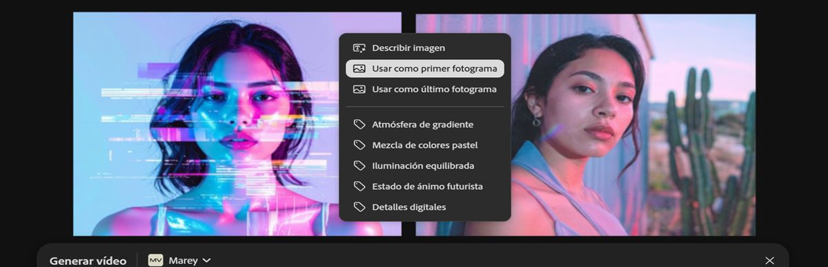La imagen utilizada para el primer fotograma es visible en el lienzo Una de las imágenes está seleccionada y, desde el menú contextual, se selecciona la opción Usar como último fotograma.