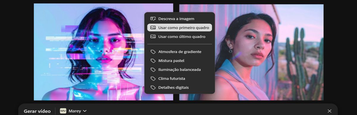 A imagem usada para o primeiro quadro está visível na tela. Uma das imagens é selecionada e, no menu de contexto, a opção Usar como último quadro é selecionada.